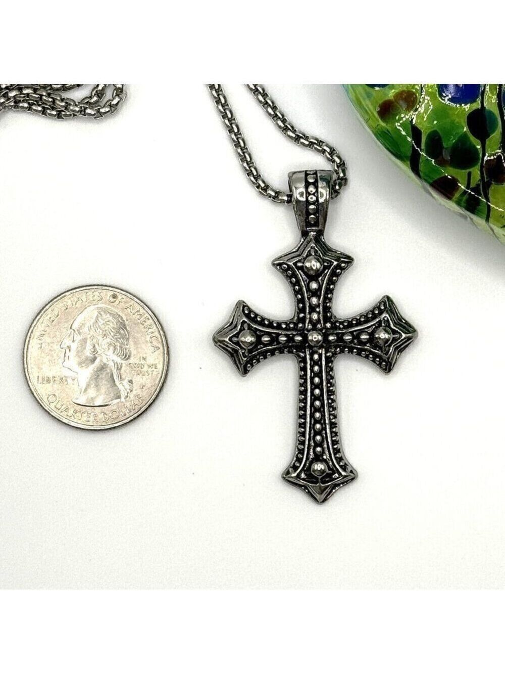 Silver Tone St. Michael's Cross Heavy Pendant and Necklace #1433 - Picture 4 of 6